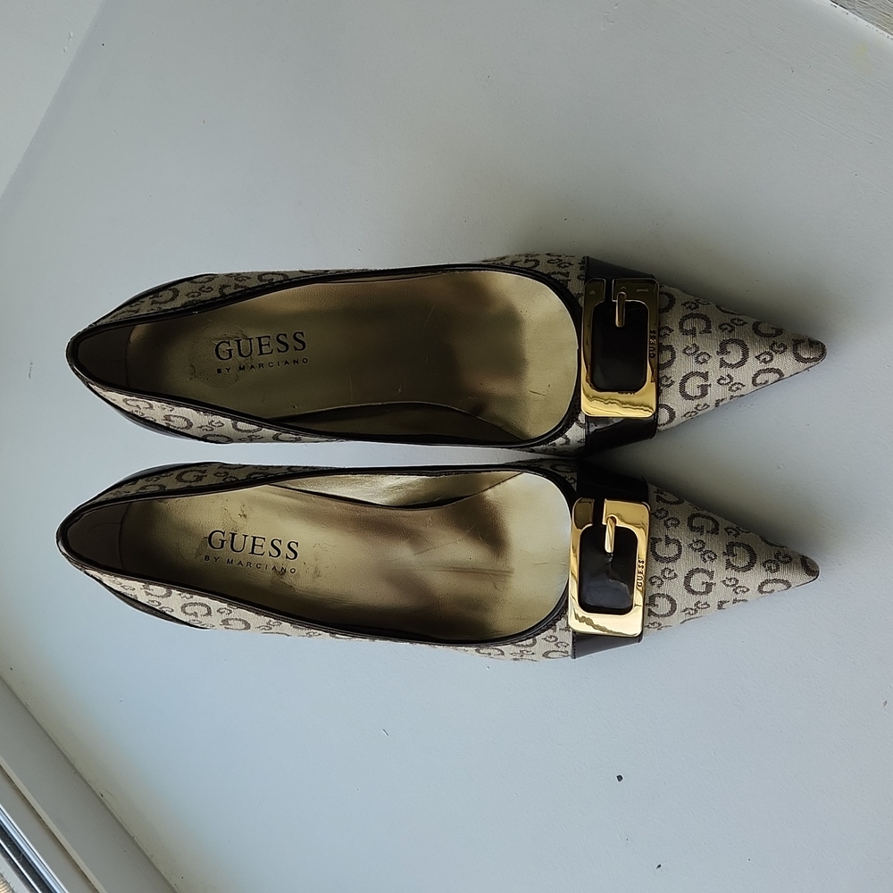 Guess Brown and Gold Buckle Heels